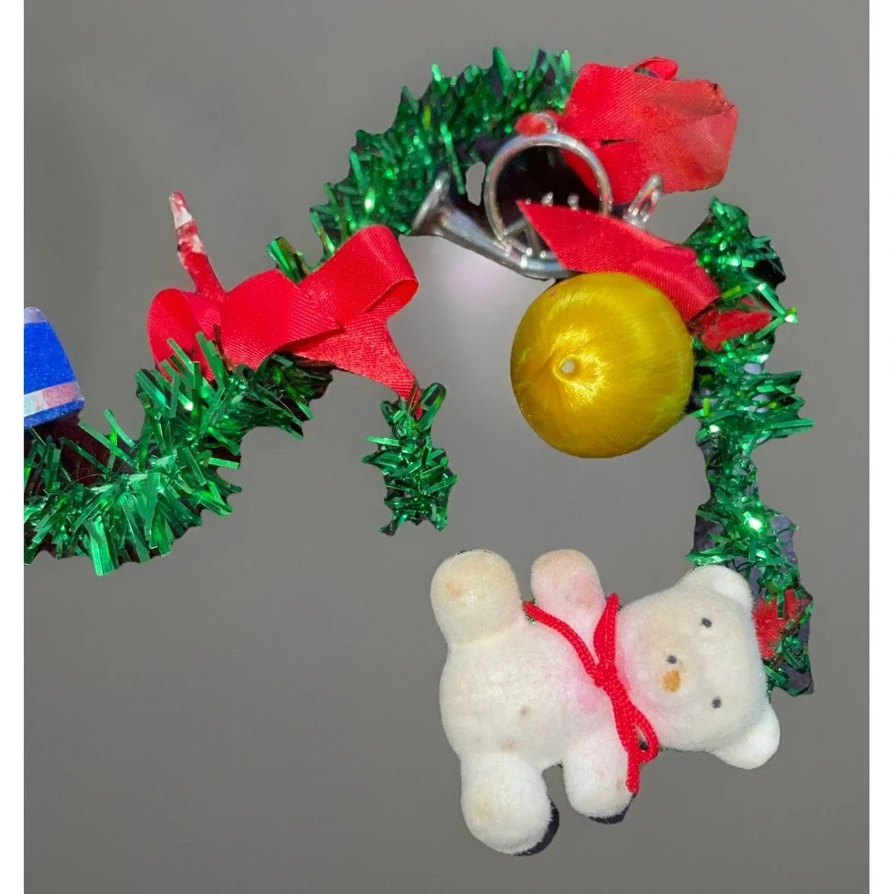 Vtg Green Christmas Garland Satin‎ Balls,Bows,Bears,Bells,Drums One Strand